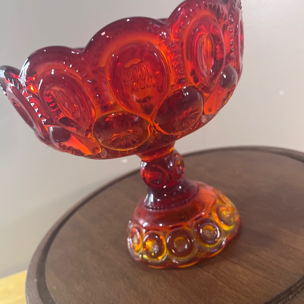 Vtg LE Smith Amberina Moon and Star Pedestal Compote Bowl Red Orange Glass